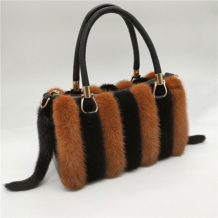 Mink Fur Leather Handbags Women's Leather Handbags